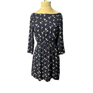 Everly Long Sleeve Keyhole Back Navy Bird Print Dress Size Small